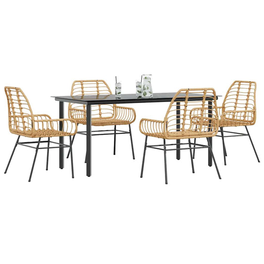 5 Piece Garden Dining Set Brown Poly Rattan Glass