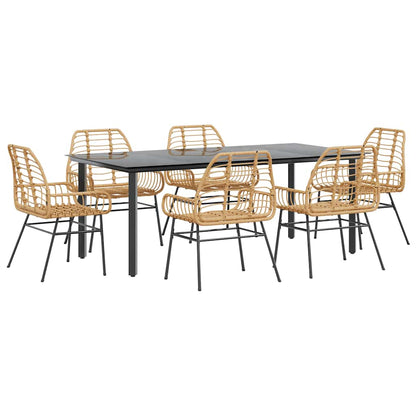 7 Piece Garden Dining Set Brown Poly Rattan Glass