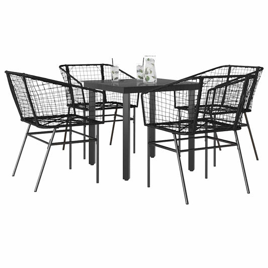 5 Piece Garden Dining Set Black Poly Rattan Glass