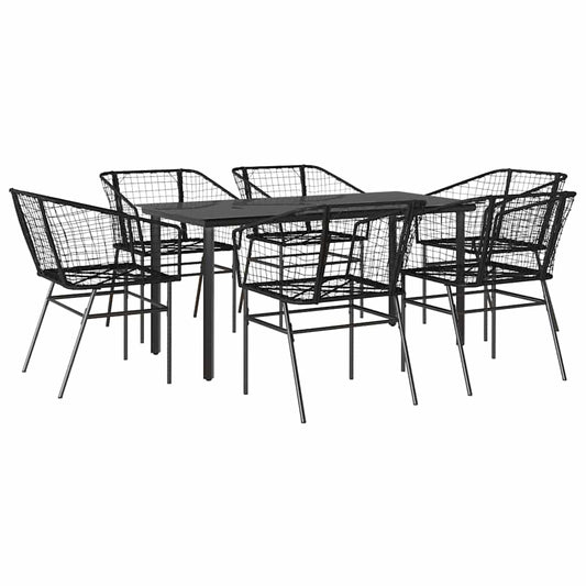 7 Piece Garden Dining Set Black Poly Rattan Glass