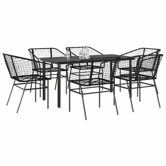 7 Piece Garden Dining Set Black Poly Rattan Glass