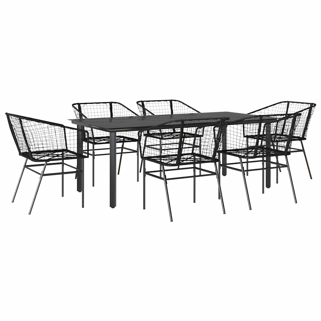 7 Piece Garden Dining Set Black Poly Rattan Glass