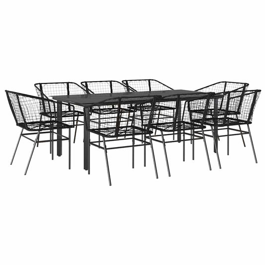 9 Piece Garden Dining Set Black Poly Rattan Glass