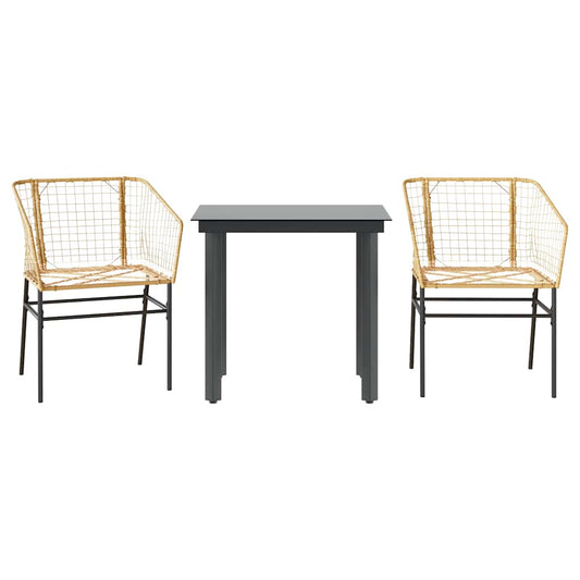 3 Piece Garden Dining Set Brown Poly Rattan Glass