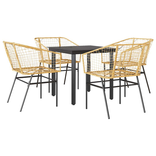5 Piece Garden Dining Set Brown Poly Rattan Glass
