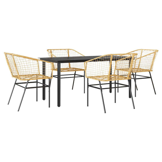 5 Piece Garden Dining Set Brown Poly Rattan Glass