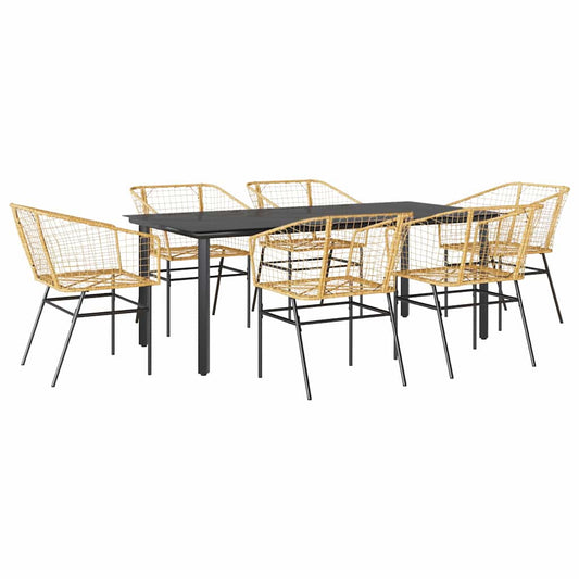 7 Piece Garden Dining Set Brown Poly Rattan Glass