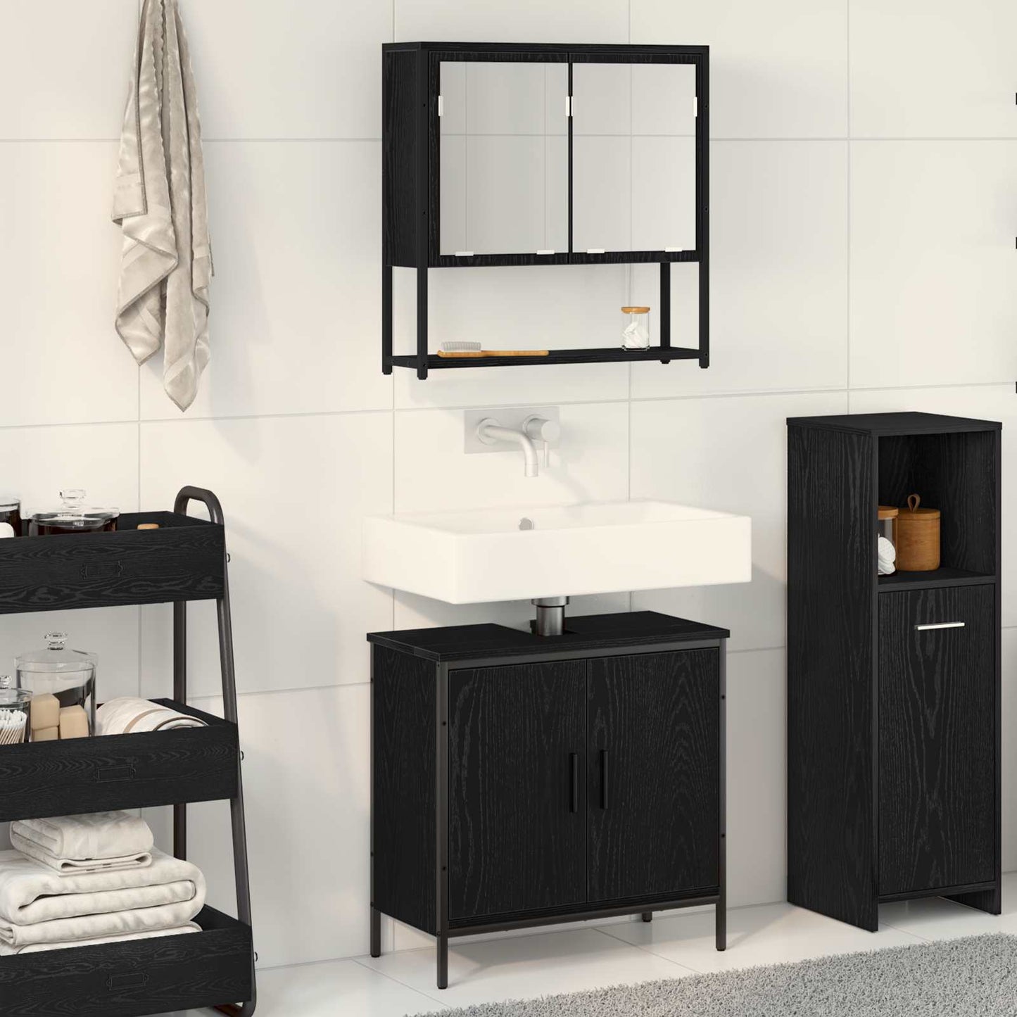 Bathroom Furniture Set with Shelf 2 pcs Black Engineered wood