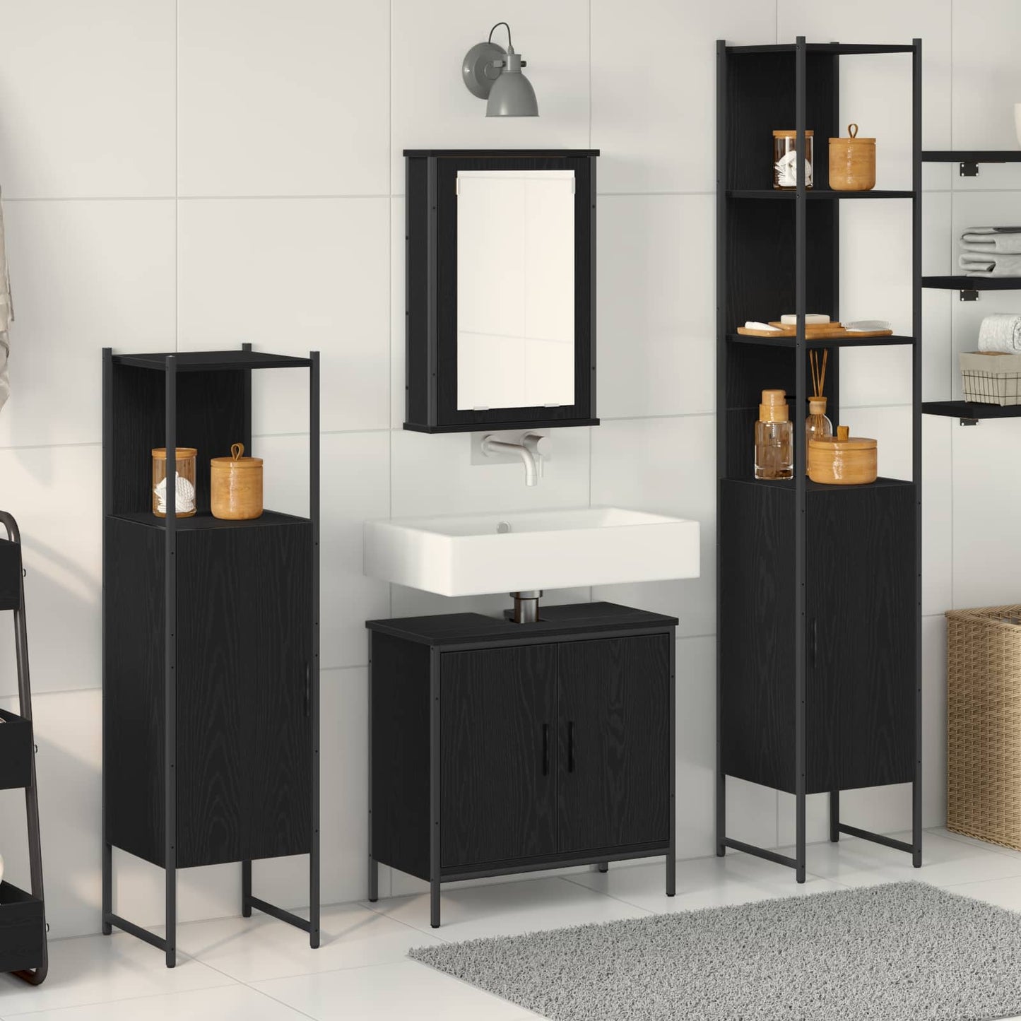 Bathroom Furniture Set with Shelf 4 pcs Black Engineered wood