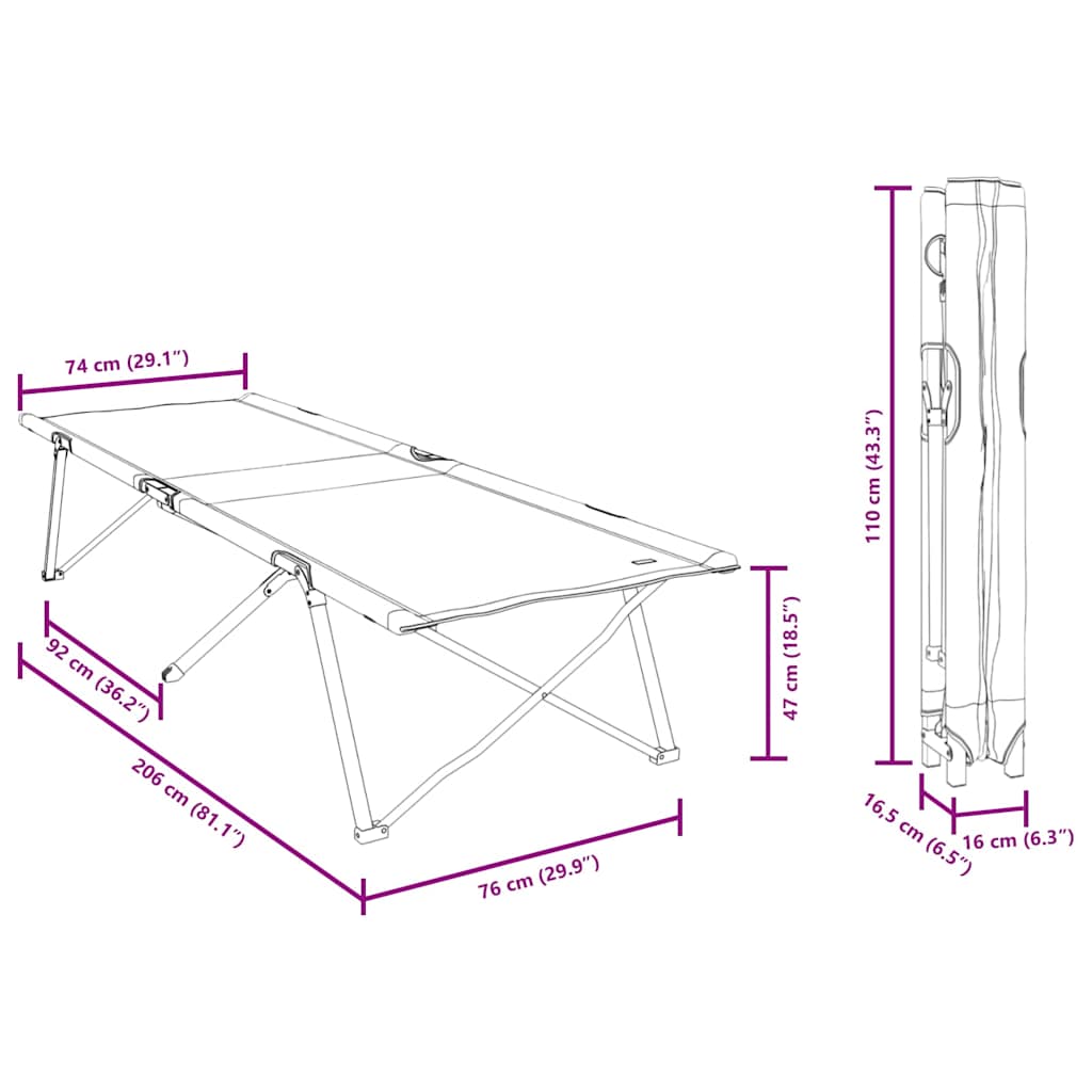 Folding Camping Bed Black 206 x 76 x 74 cm Oxford and Steel