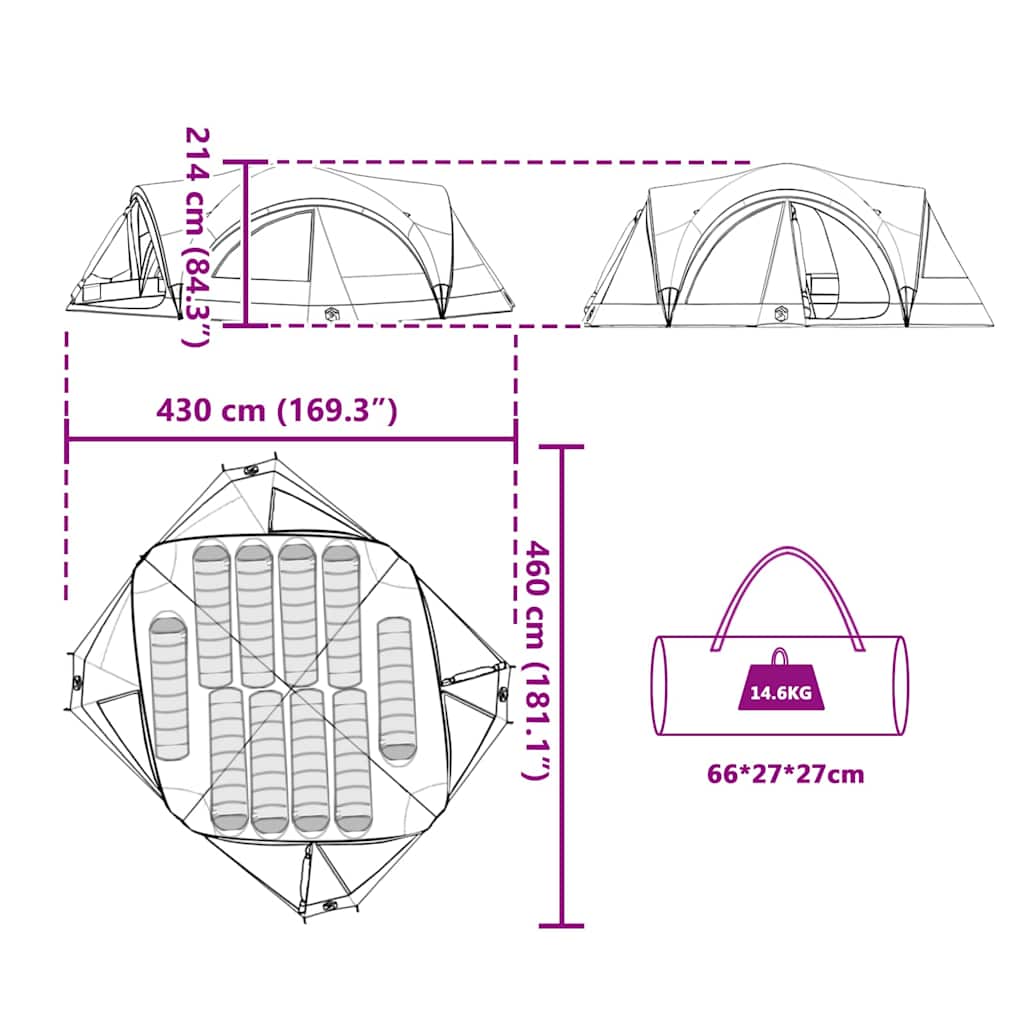 Family Tent 10-Person Green and Grey 460 x 430 x 214 cm