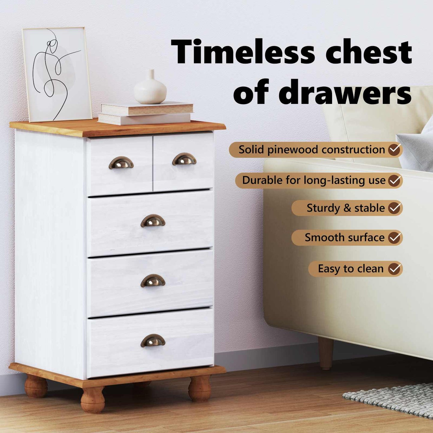 Chest of Drawer ASKIM White 45.8 x 40 x 79 cm Solid Pine Wood