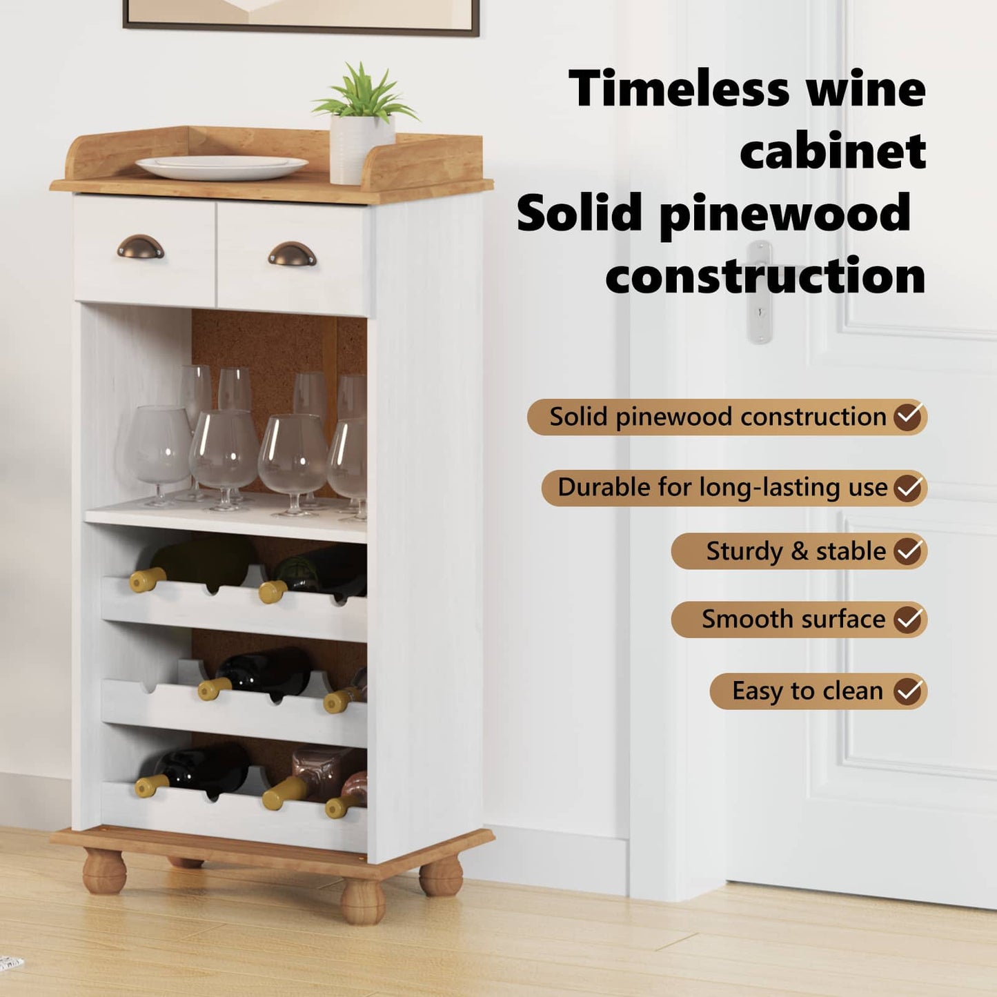 Wine Cabinet ASKIM White with Honey Top 57 x 37 x 114 cm