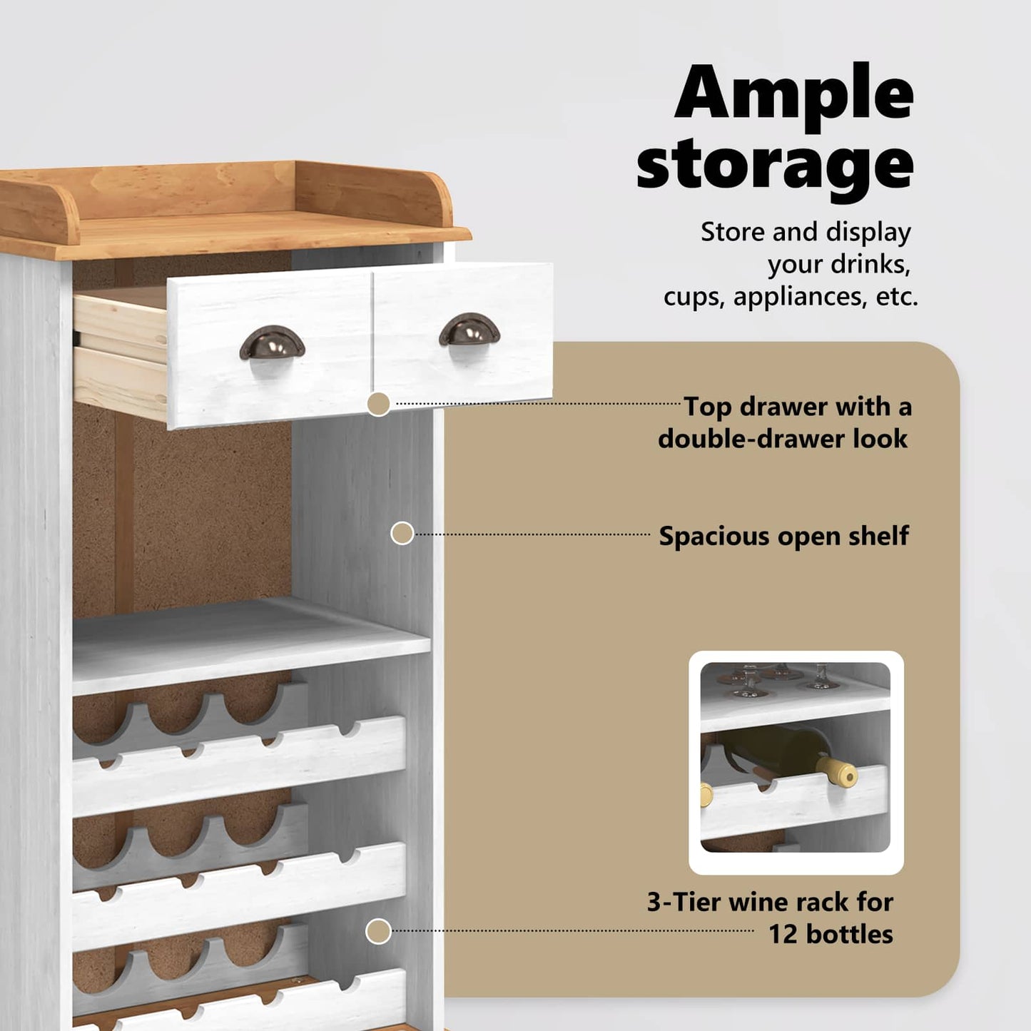 Wine Cabinet ASKIM White with Honey Top 57 x 37 x 114 cm