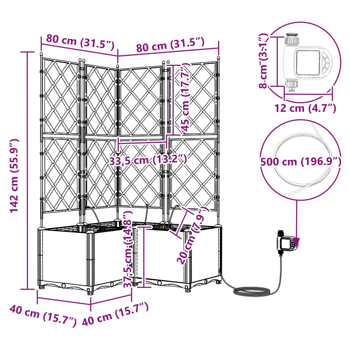 Garden Planter 3 pcs Grey 80 x 80 x 142 cm PP