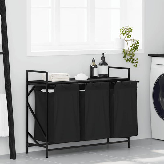 Laundry Basket 3 Compartments with Shelf Black Oak