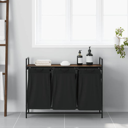 Laundry Basket 3 Compartments with Shelf Brown Oak