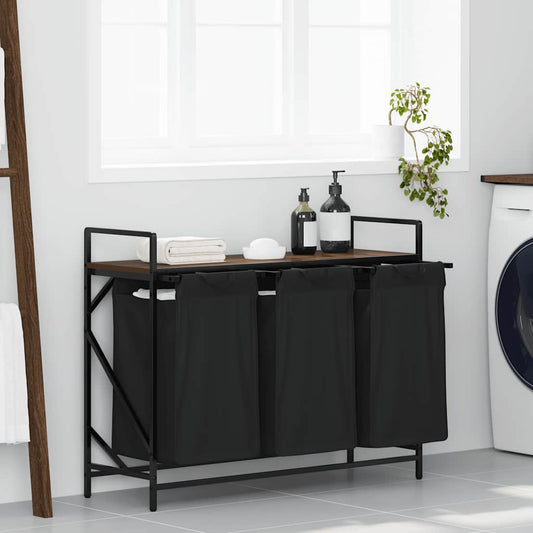 Laundry Basket 3 Compartments with Shelf Brown Oak