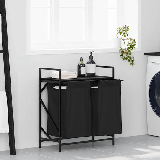 Laundry Basket 2 Compartments with Shelf Black Oak