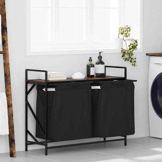 Laundry Basket 2 Compartments with Shelf Smoked Oak