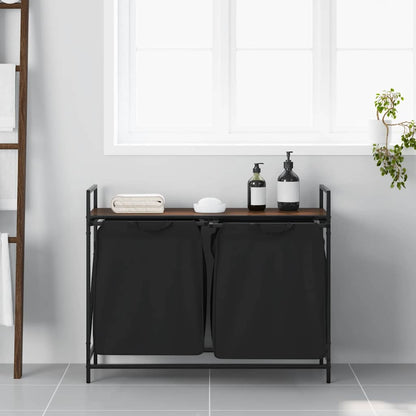 Laundry Basket 2 Compartments with Shelf Brown Oak