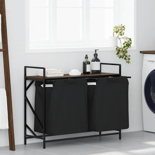 Laundry Basket 2 Compartments with Shelf Brown Oak