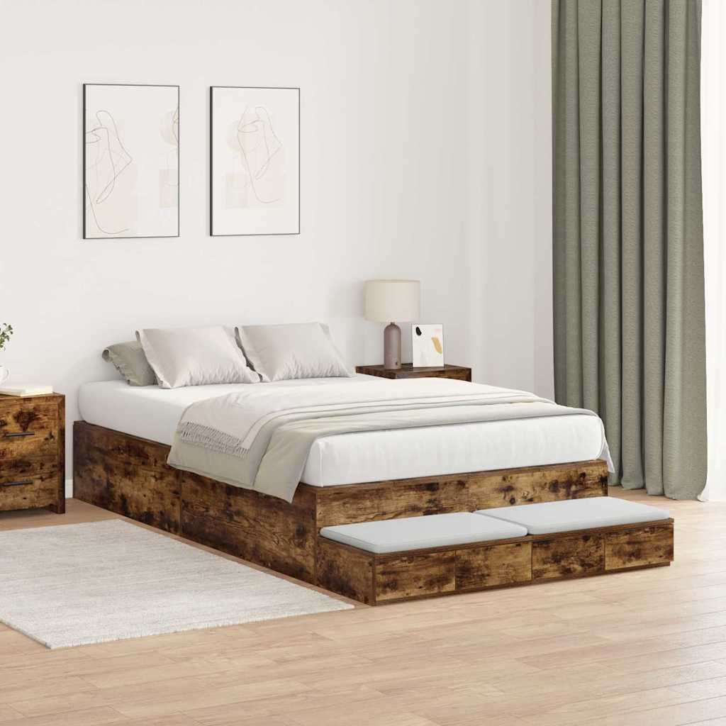 Storage Bed Frame with Drawer Smoked Oak 120 cm Engineered Wood