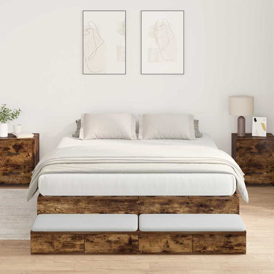 Storage Bed Frame with Drawer Smoked Oak 150 cm Engineered Wood