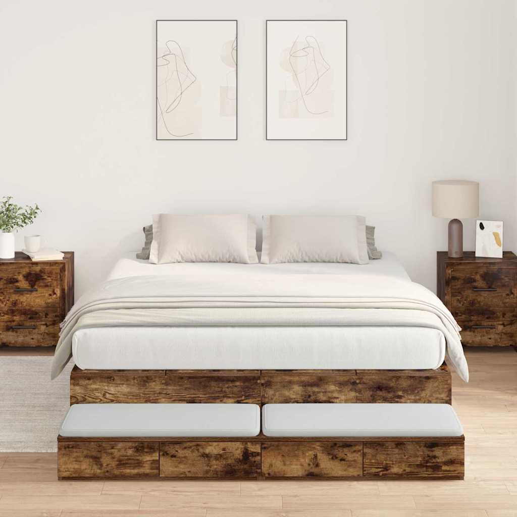 Storage Bed Frame with Drawer Smoked Oak 140 cm Engineered Wood