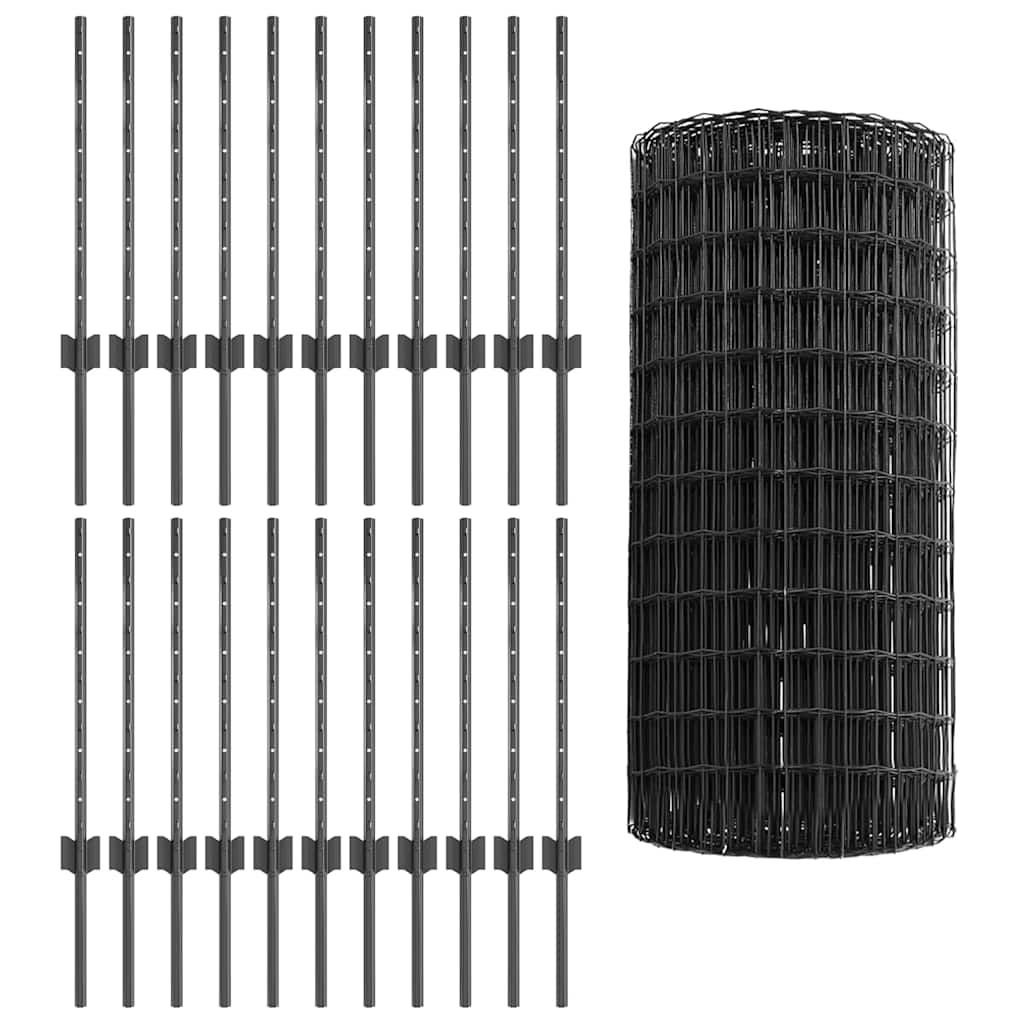 Euro Fence with Post 50 x 0.6 m PVC-Coated Steel Grey Mesh
