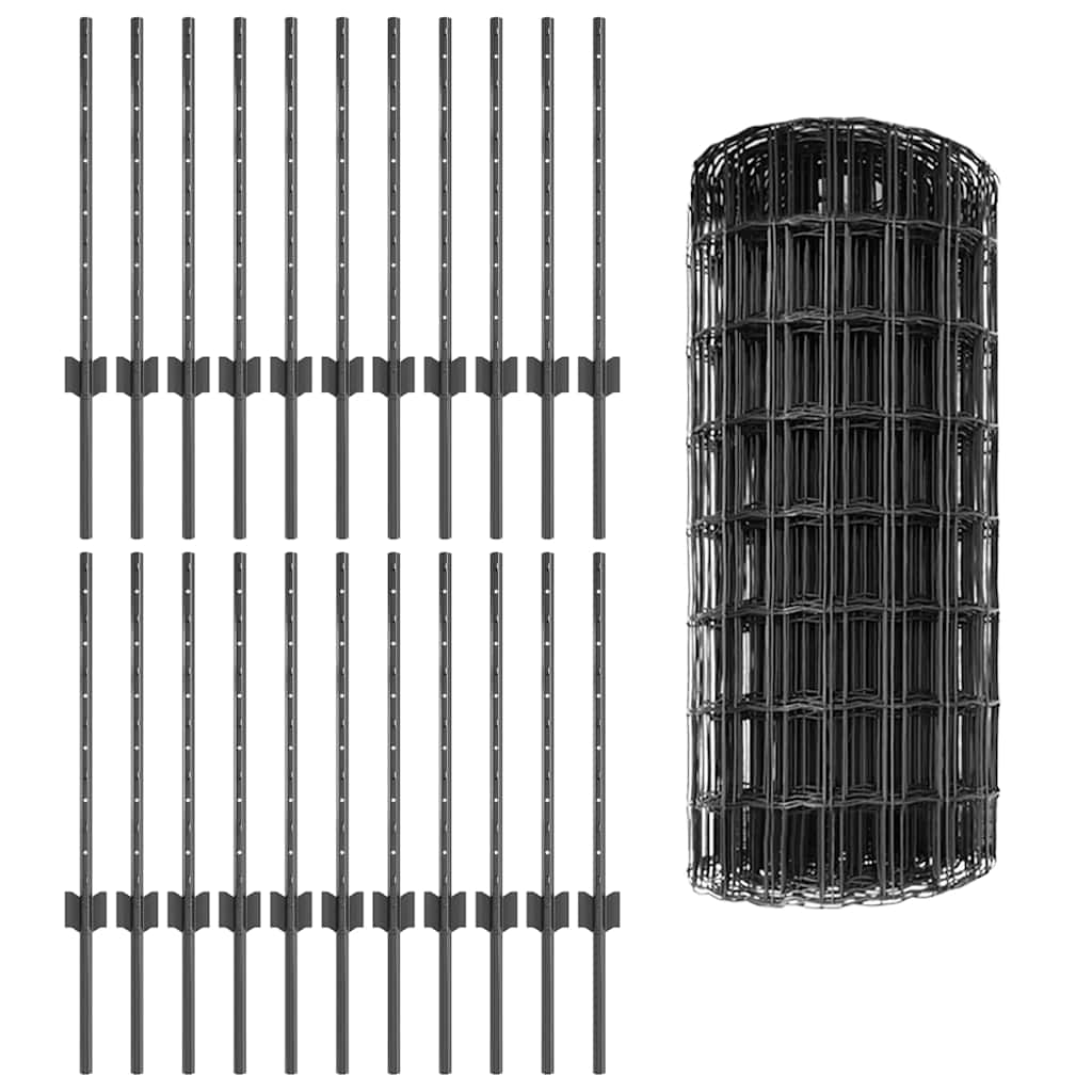 Euro Fence with Post 50 x 0.6 m PVC-Coated Steel Grey Mesh