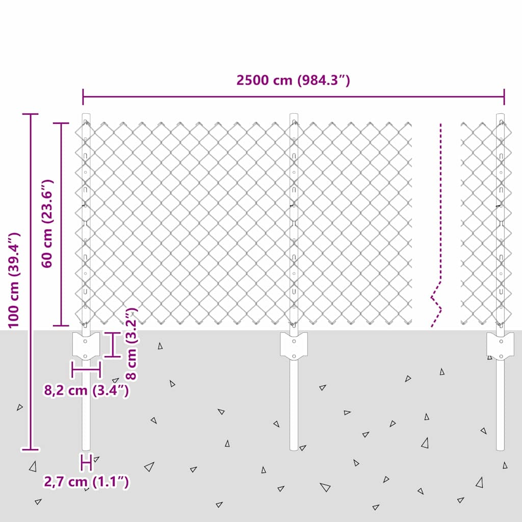 Chainlink Fence with Post 25 x 0.6 m Galvanised Steel Silver