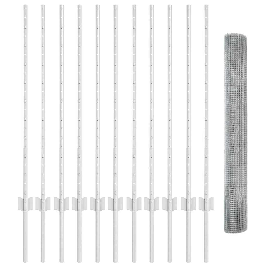 Welded Wire Fence with Posts 25 x 1 m Galvanised Steel Silver