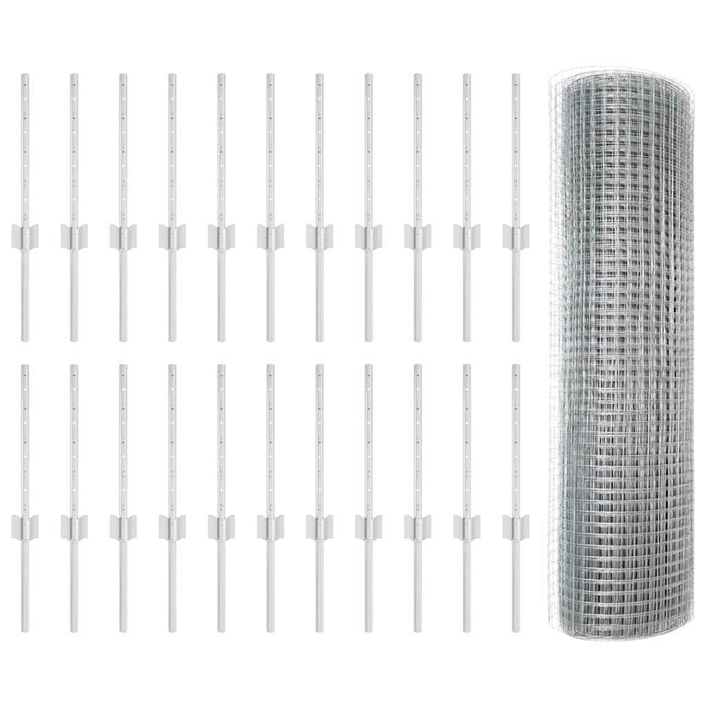 Welded Wire Fence with Posts 50 x 0.4 m Galvanised Steel Silver