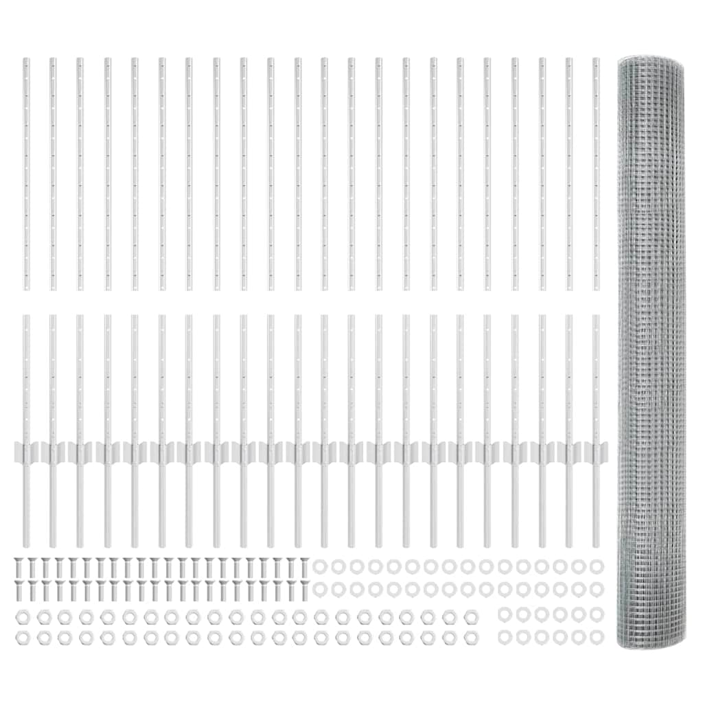 Welded Wire Fence with Posts 50 x 1 m Galvanised Steel Silver
