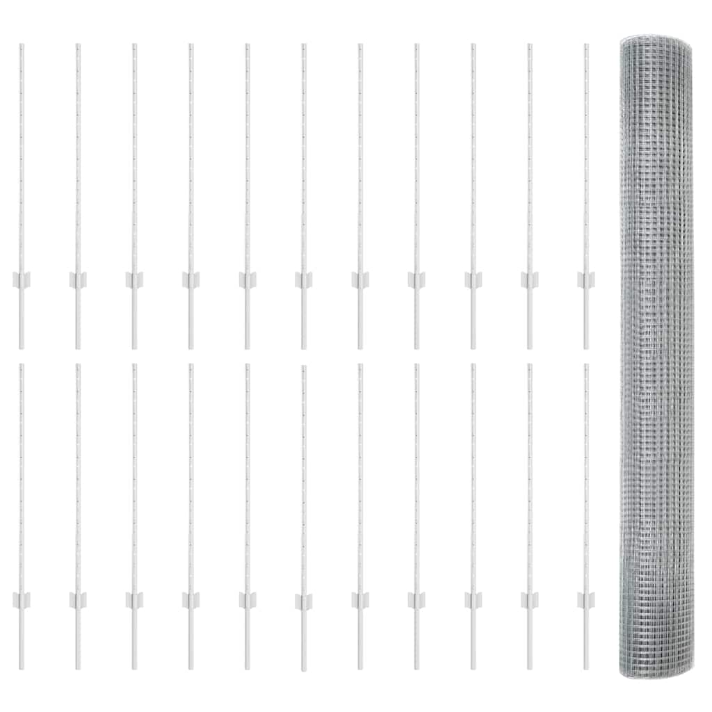 Welded Wire Fence with Posts 50 x 1 m Galvanised Steel Silver