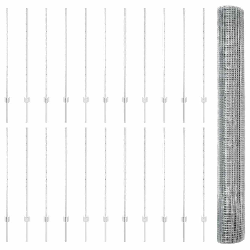 Welded Wire Fence with Posts 50 x 1.2 m Galvanised Steel Silver