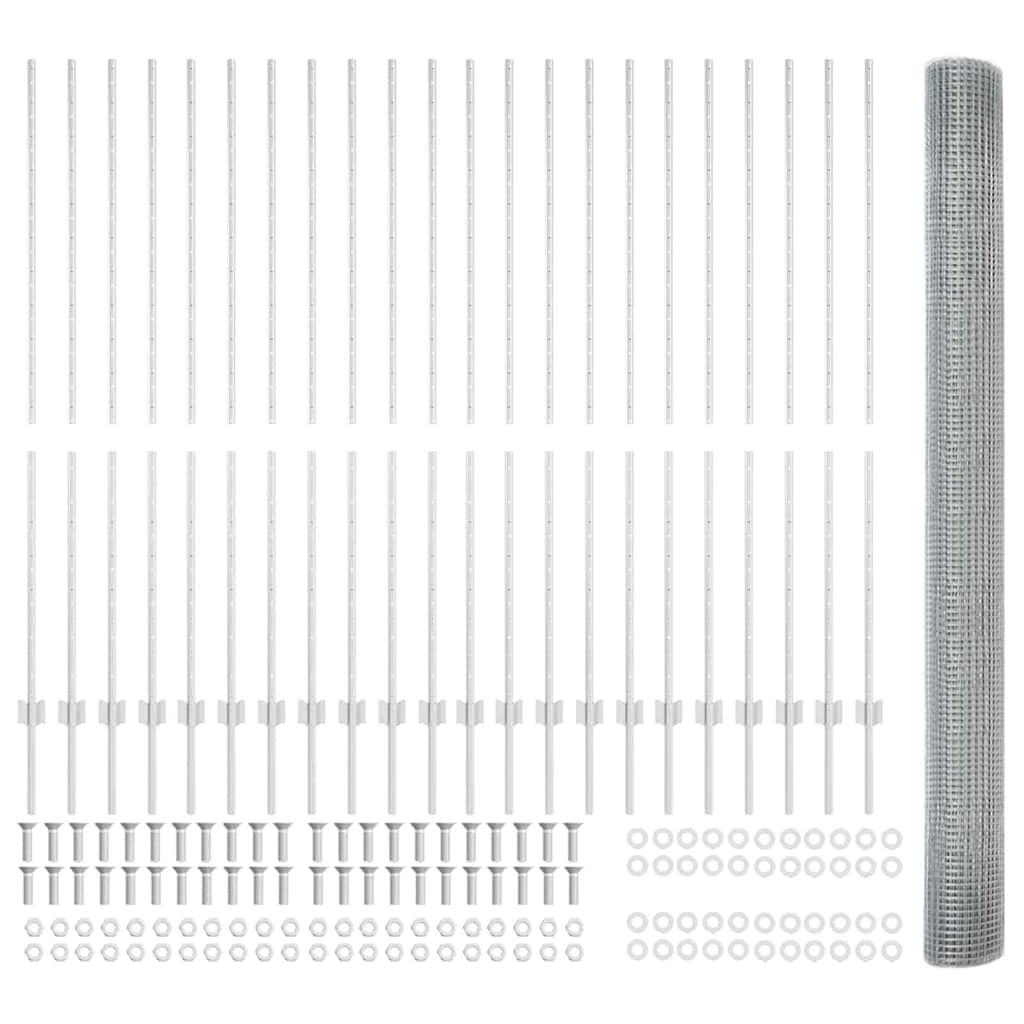 Welded Wire Fence with Posts 50 x 1.6 m Galvanised Steel Silver