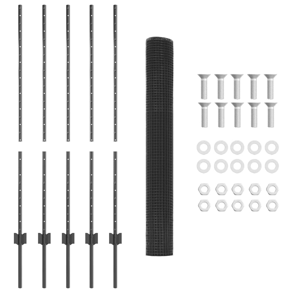Welded Wire Fence with Posts 10 x 1.2 m PVC-Coated Steel Grey