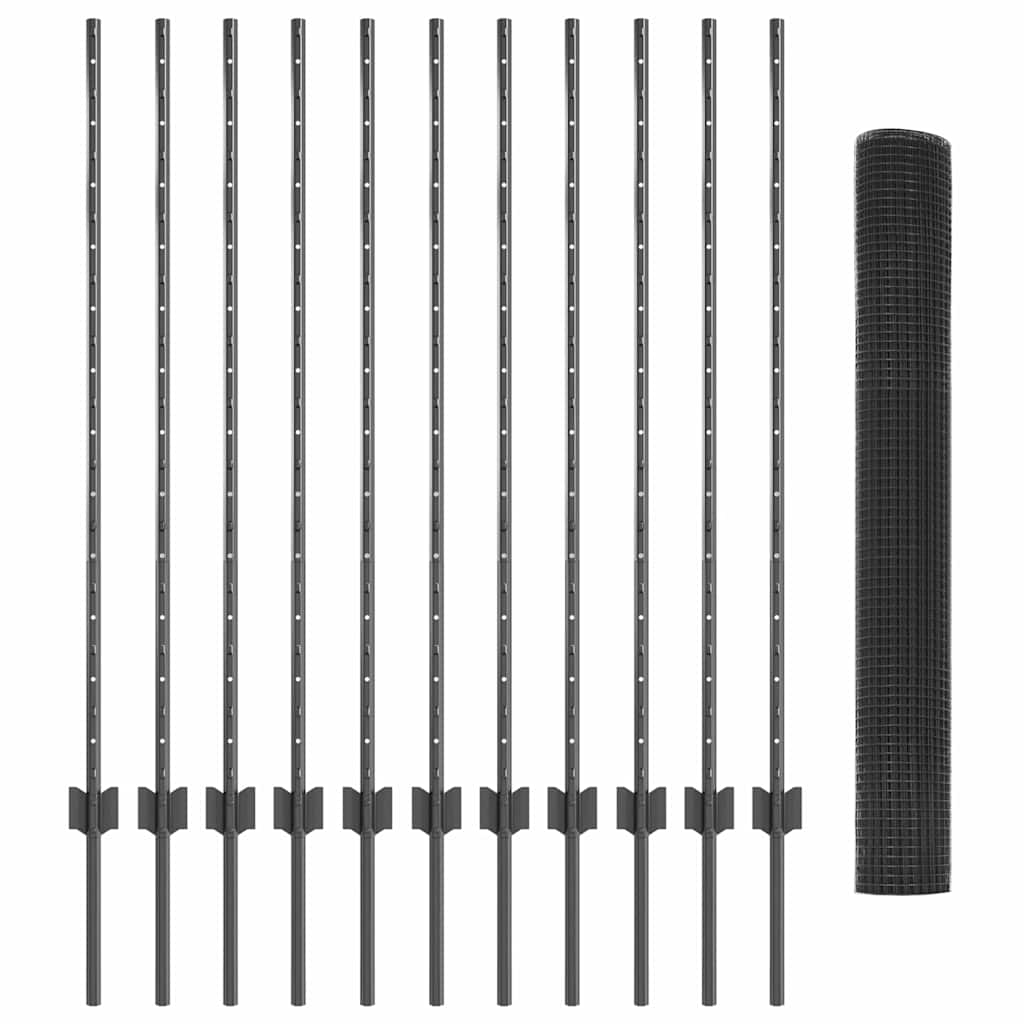 Welded Wire Fence with Posts 25 x 1.2 m PVC-Coated Steel Grey