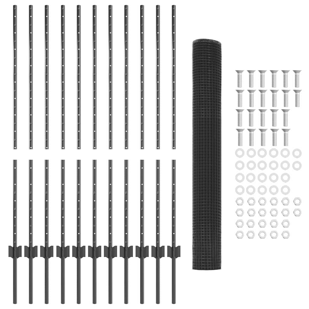 Welded Wire Fence with Posts 25 x 1.2 m PVC-Coated Steel Grey
