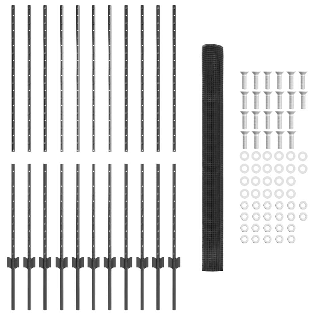 Welded Wire Fence with Posts 25 x 1.4 m PVC-Coated Steel Grey