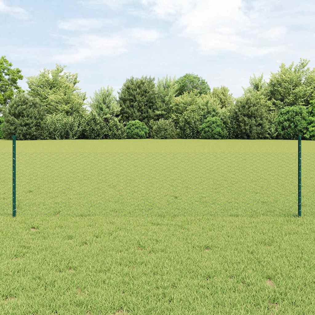 Hexagonal Fence with Post 25 x 0.5 m PVC-Coated Steel Green