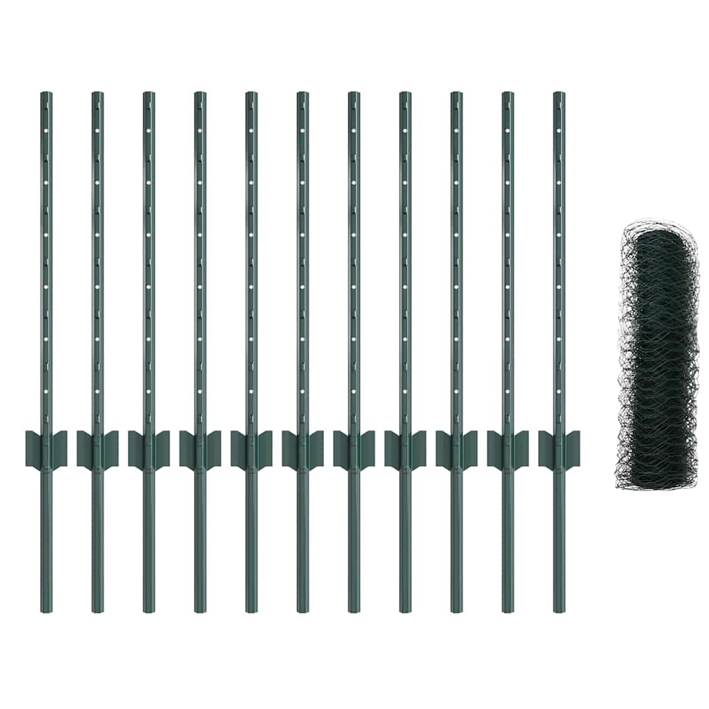 Hexagonal Fence with Post 25 x 0.5 m PVC-Coated Steel Green