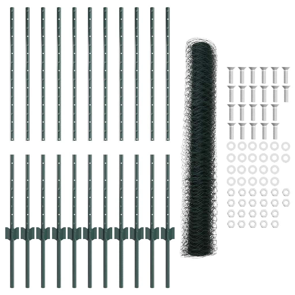 Hexagonal Fence with Post 25 x 1 m PVC-Coated Steel Green Mesh