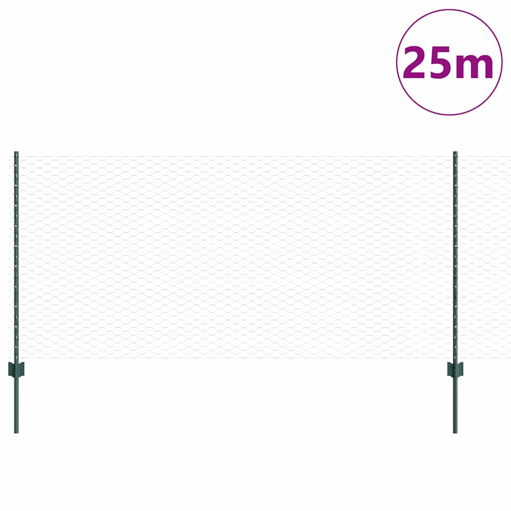 Hexagonal Fence with Post 25 x 1 m PVC-Coated Steel Green Mesh