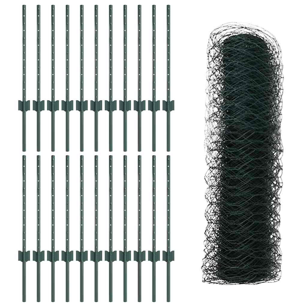Hexagonal Fence with Post 50 x 0.5 m PVC-Coated Steel Green