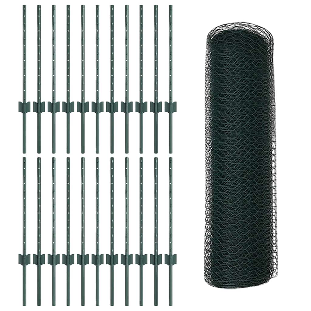 Hexagonal Fence with Post 50 x 0.6 m PVC-Coated Steel Green