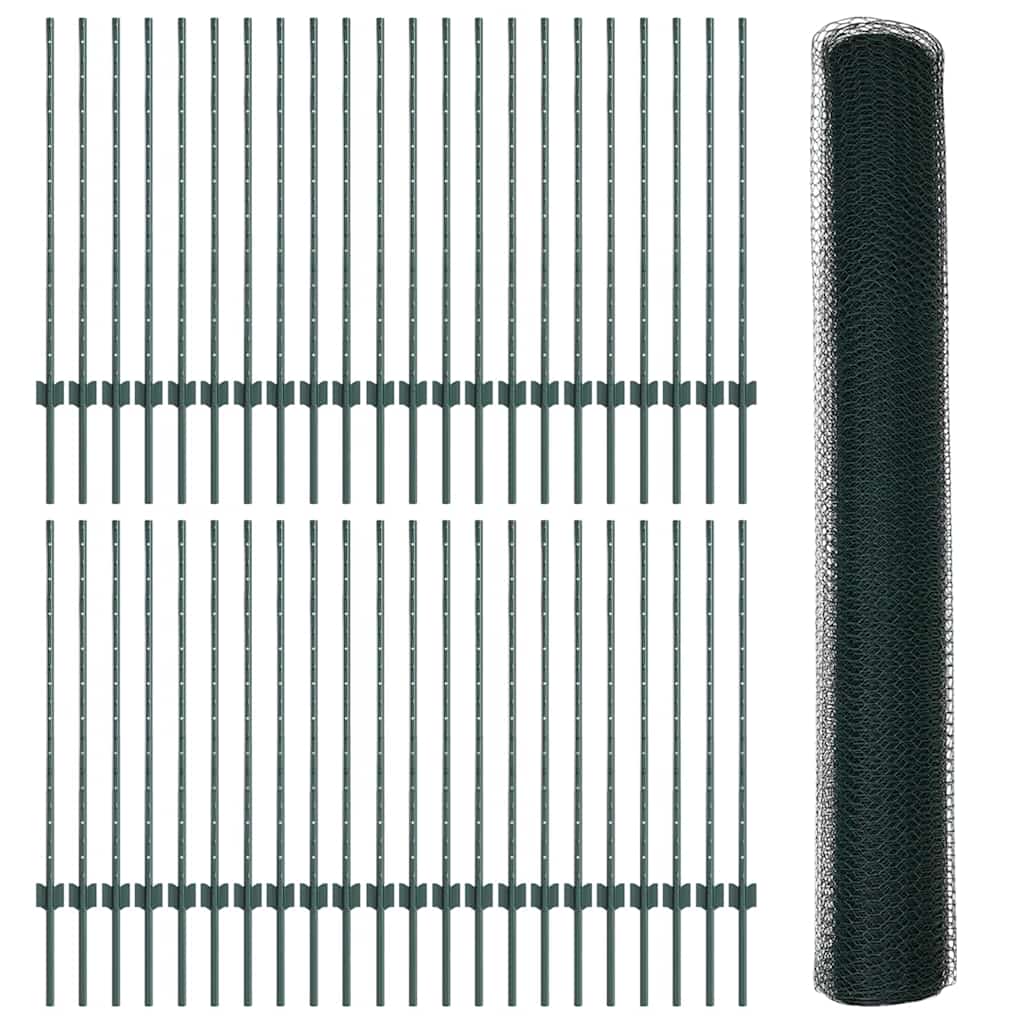 Hexagonal Fence with Post 100 x 1 m PVC-Coated Steel Green Mesh