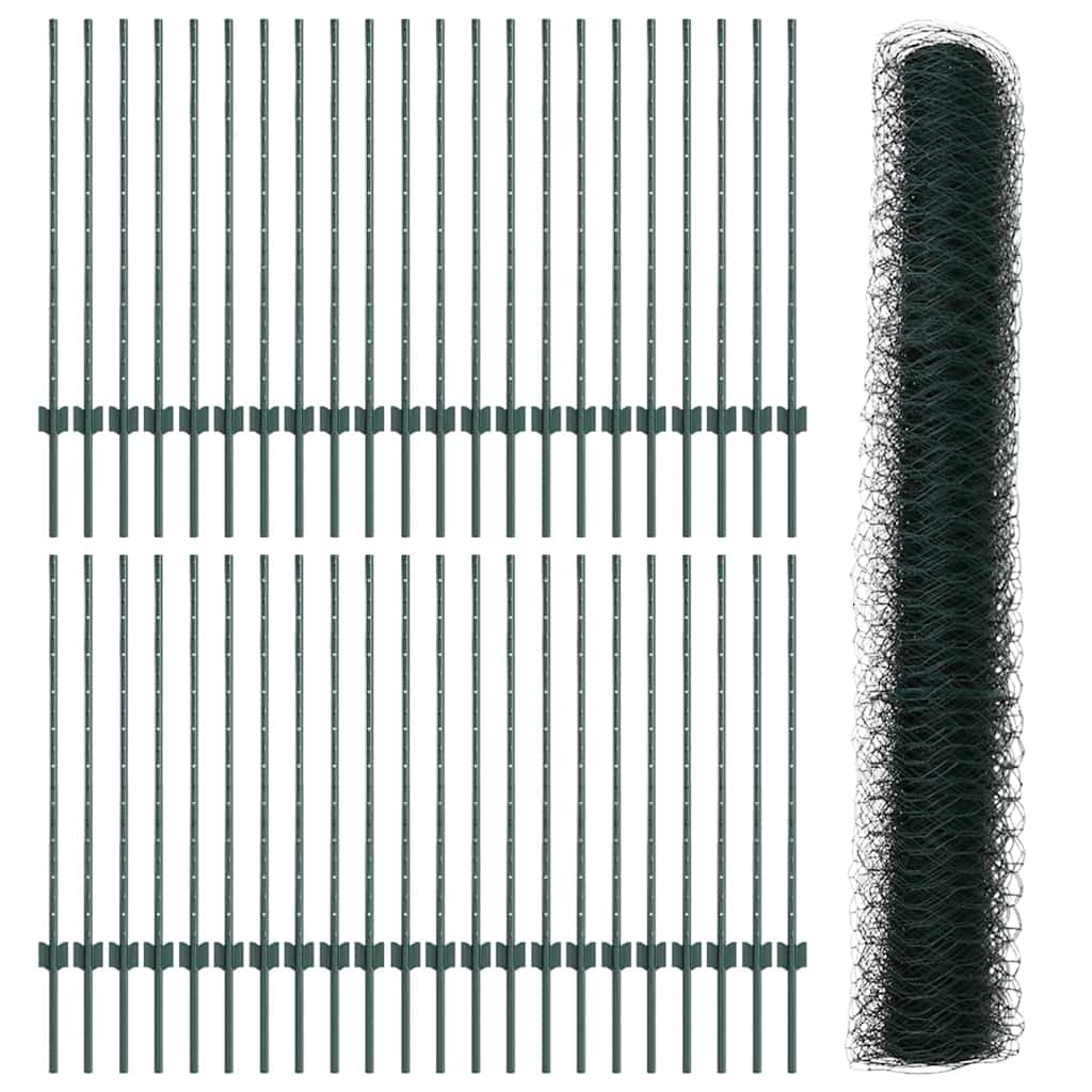 Hexagonal Fence with Post 100 x 1 m PVC-Coated Steel Green Mesh